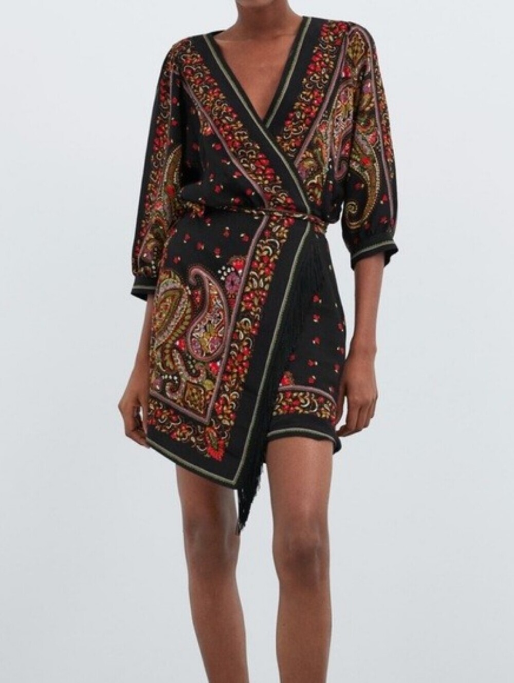 New Zara Black Paisley Fringe Embroidered Wrap Tunic with Multicolor Accents